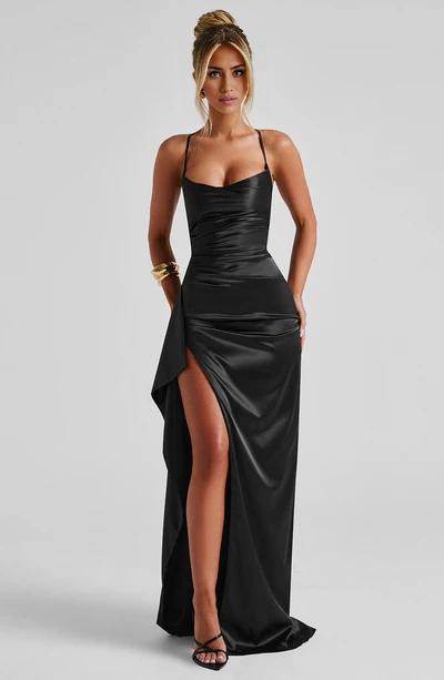 Black Spaghetti Strap Floor Length Front Split Prom Dress
